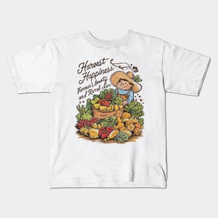 Rustic Charm: Farmer's Smile Radiates Happiness with Harvest's Bounty Kids T-Shirt